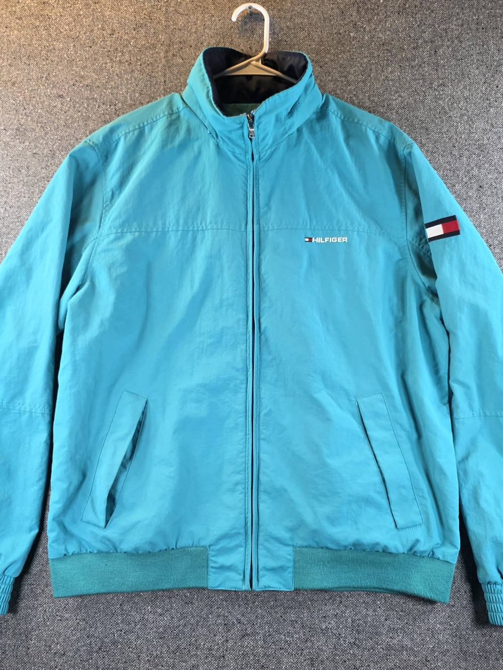 Tommy Hilfiger Vintage 90s Men's XL Teal Windbreaker Flag Logo Jacket